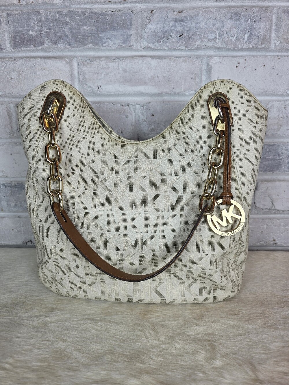 Michael Kors Vanilla Signature MK Large Chain Tote Shoulder Bag